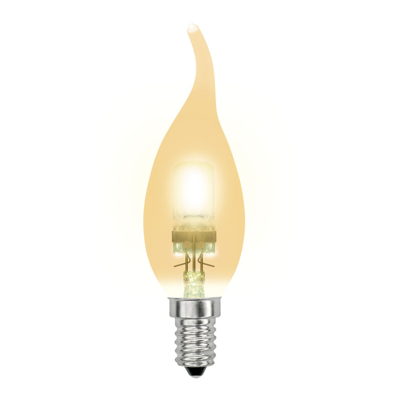 HCL-42-CL-E14 flame gold. Лампа галогенная свеча на ветру золотая. Картонная коробка