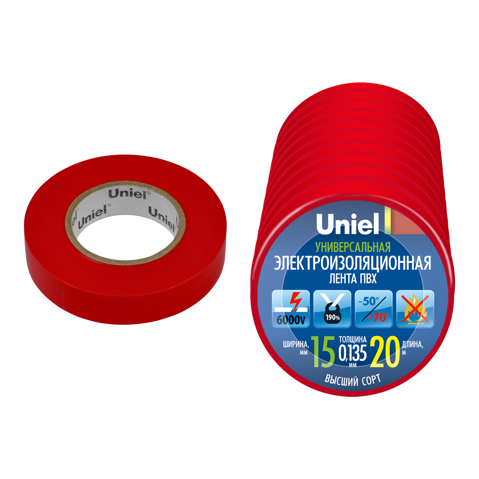 UIT-135P 20-15-10 RED Изоляционная лента Uniel 20м. 15мм. 0.135мм. 10шт. цвет Красный