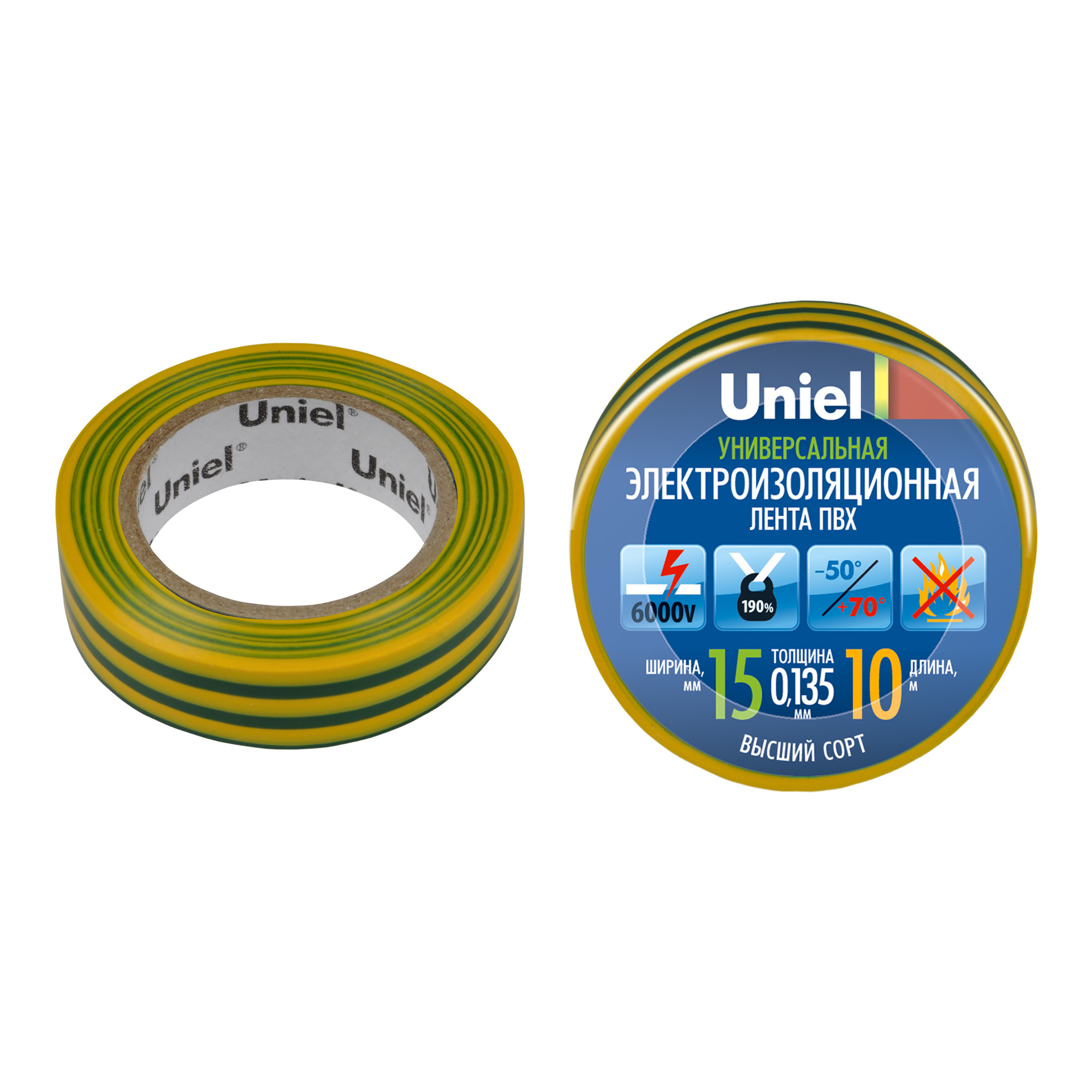 UIT-135P 10-15-01 YGR Изоляционная лента Uniel 10м. 15мм. 0.135мм. 1шт. цвет Желто-Зеленый
