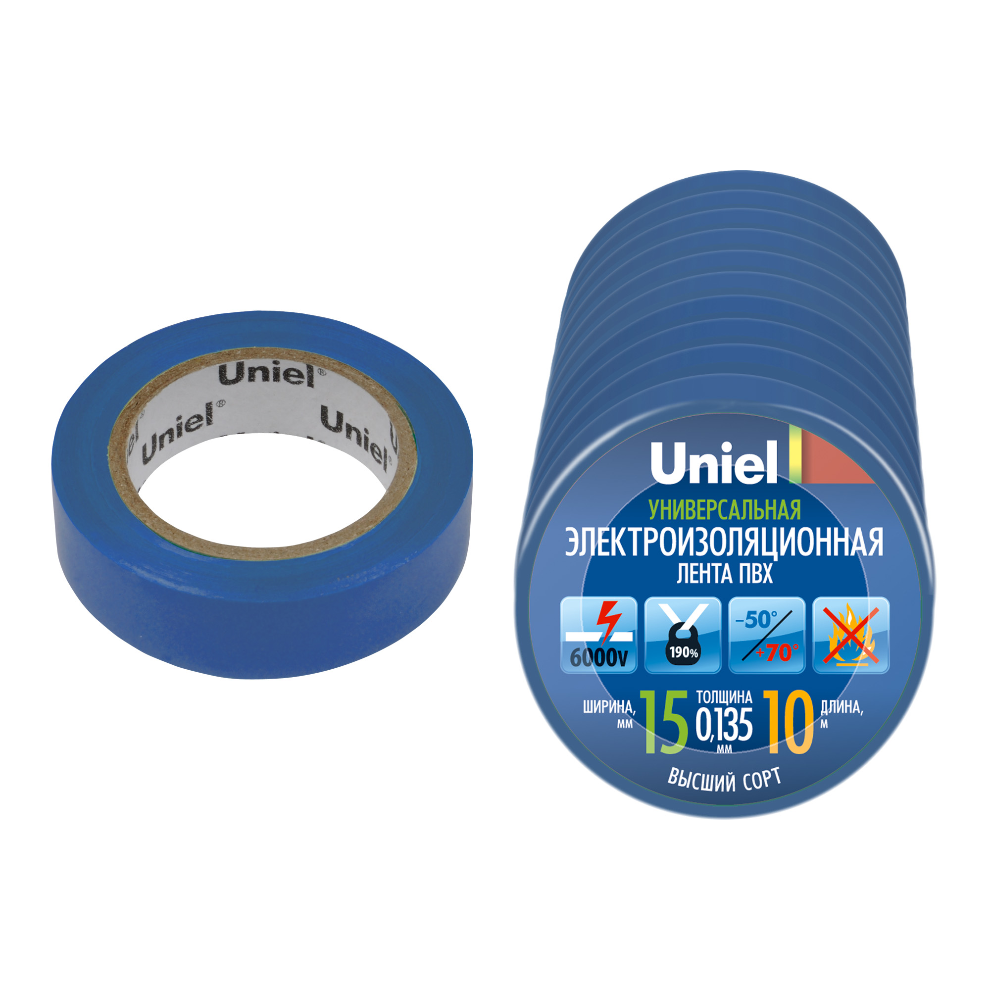 UIT-135P 10-15-10 BLU Изоляционная лента Uniel 10 м. 15 мм. 0.135 мм. 10шт. цвет Синий