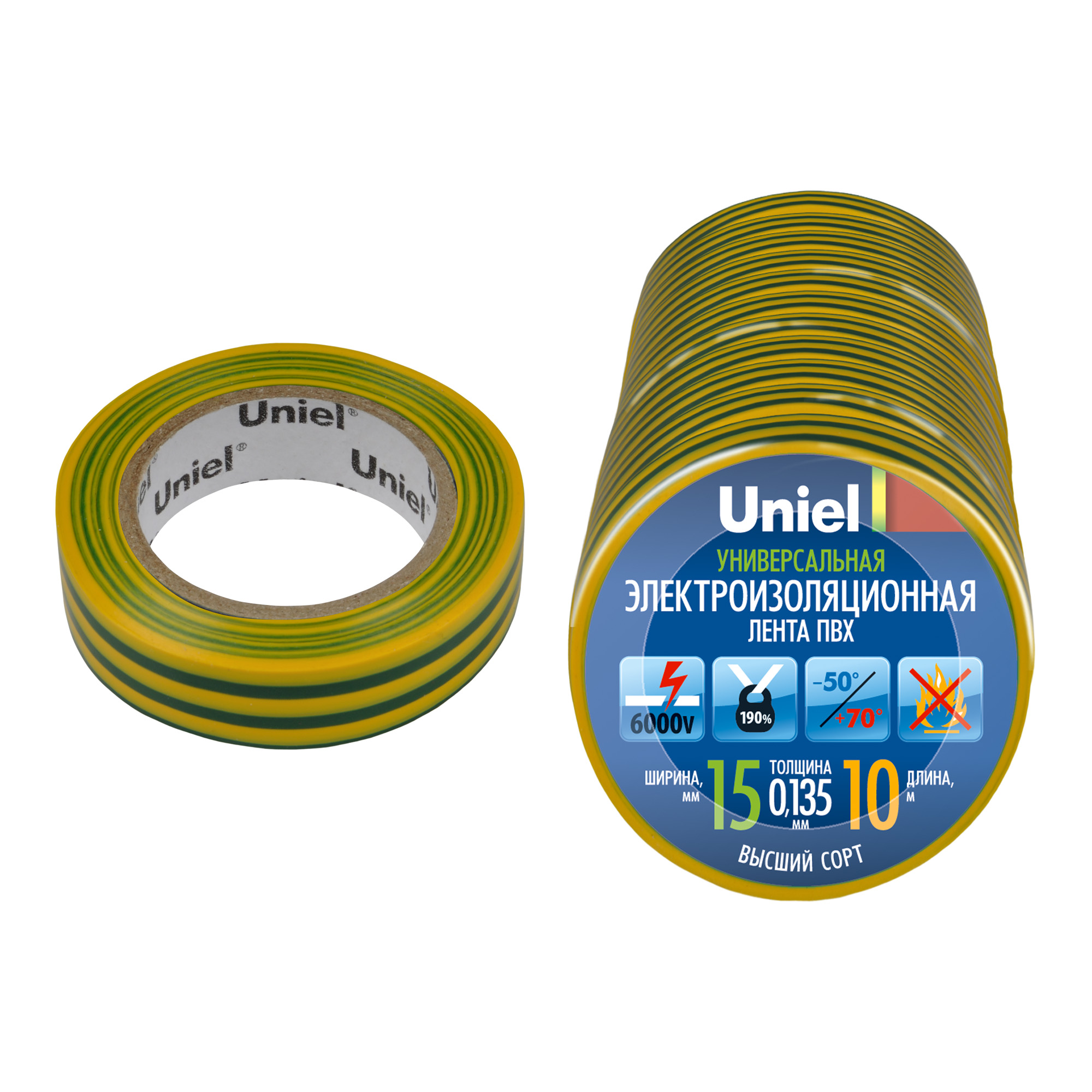 UIT-135P 10-15-10 YGR Изоляционная лента Uniel 10 м. 15 мм. 0.135 мм. 10 шт. цвет Желто-Зеленый