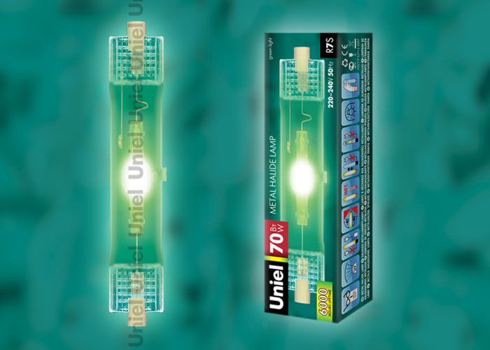 MH-DE-70-GREEN-R7s Лампа металлогалогенная линейная. Цвет зеленый. Картонная упаковка