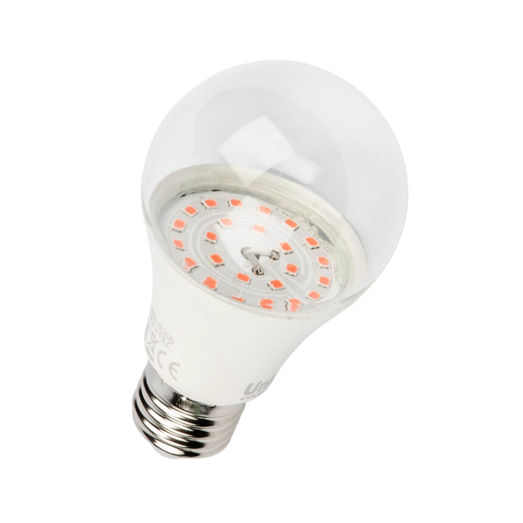 LED-A60-9W-SP-E27-CL ALM01WH Лампа светодиодная для растений. Форма A. прозрачная колба. Материал корпуса пластик. Упаковка картон.