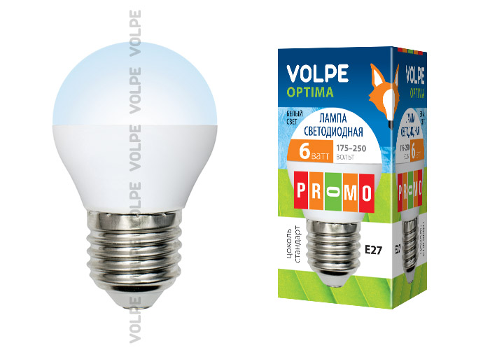 LED-G45-6W-NW-E27-FR-O Лампа светодиодная Volpe. Форма шар. матовая колба. Материал корпуса пластик. Цвет свечения белый. Серия Optima. Упаковка картон