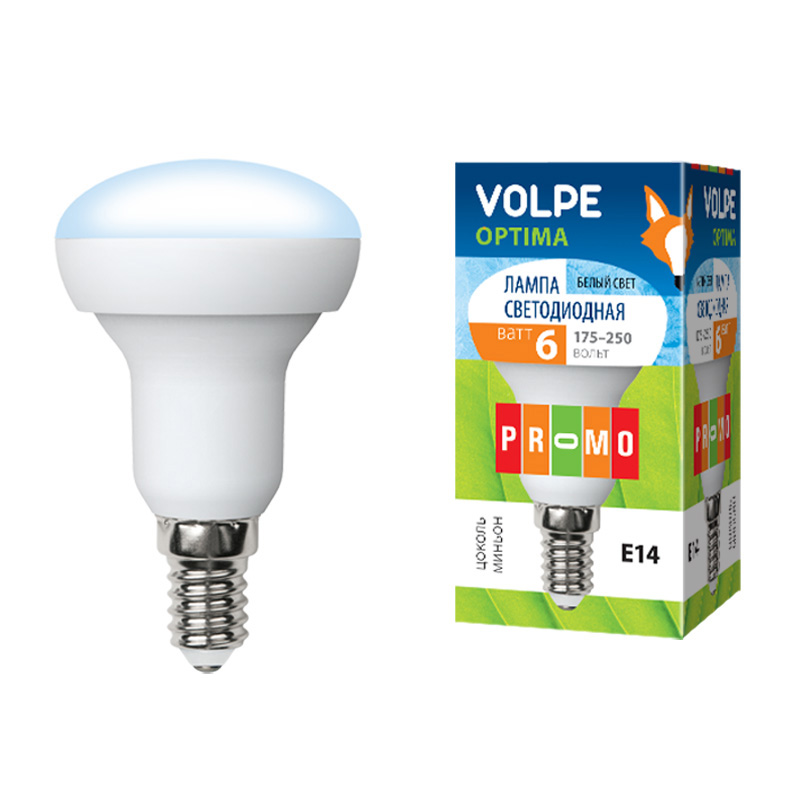 LED-R50-6W-NW-E14-FR-O Лампа светодиодная Volpe. Форма Рефлектор. матовая колба. Материал корпуса пластик. Цвет свечения белый. Серия Optima. Упаковка картон