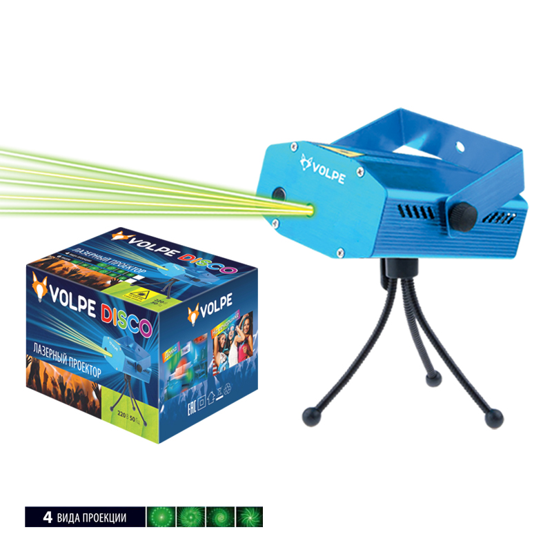 UDL-Q350 4P-G BLUE Лазерный проектор. 4 типа проекции. Микрофон. Регулировка скорости вращения лазера и частоты пульсации. ТМ Volpe.