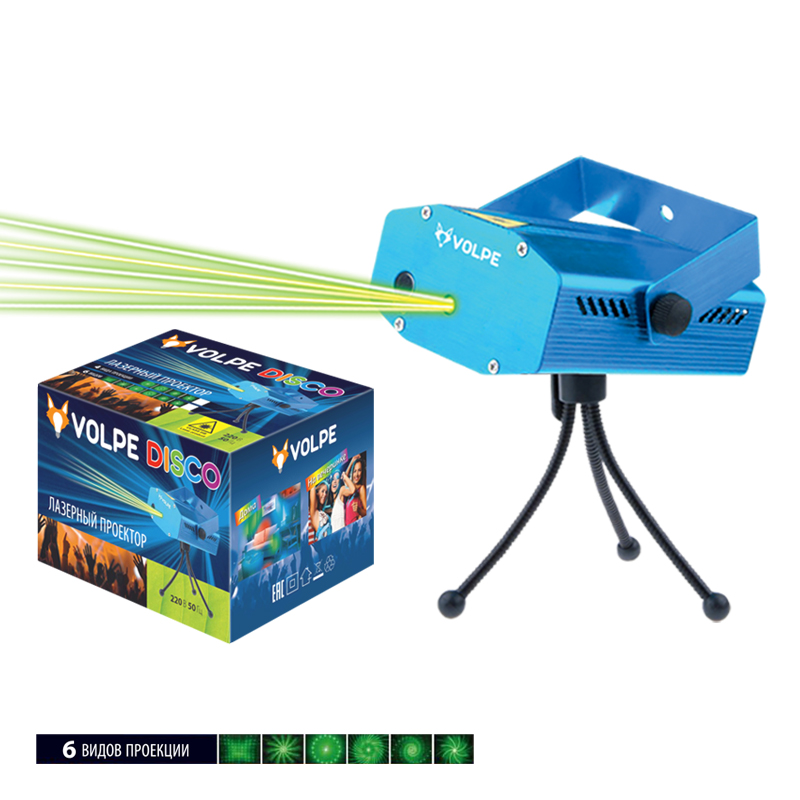 UDL-Q350 6P-G BLUE Лазерный проектор. 6 типов проекции. Микрофон. Регулировка скорости вращения лазера и частоты пульсации. ТМ Volpe.