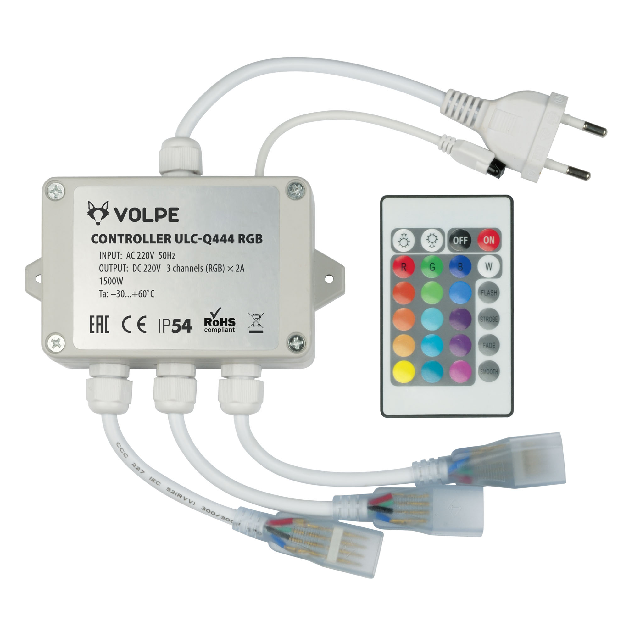 ULC-Q444 RGB WHITE Контроллер для управления светодиодными RGB ULS-5050 лентами 220В. 3 выхода. 1440Вт. с пультом ДУ ИК. ТМ Volpe.