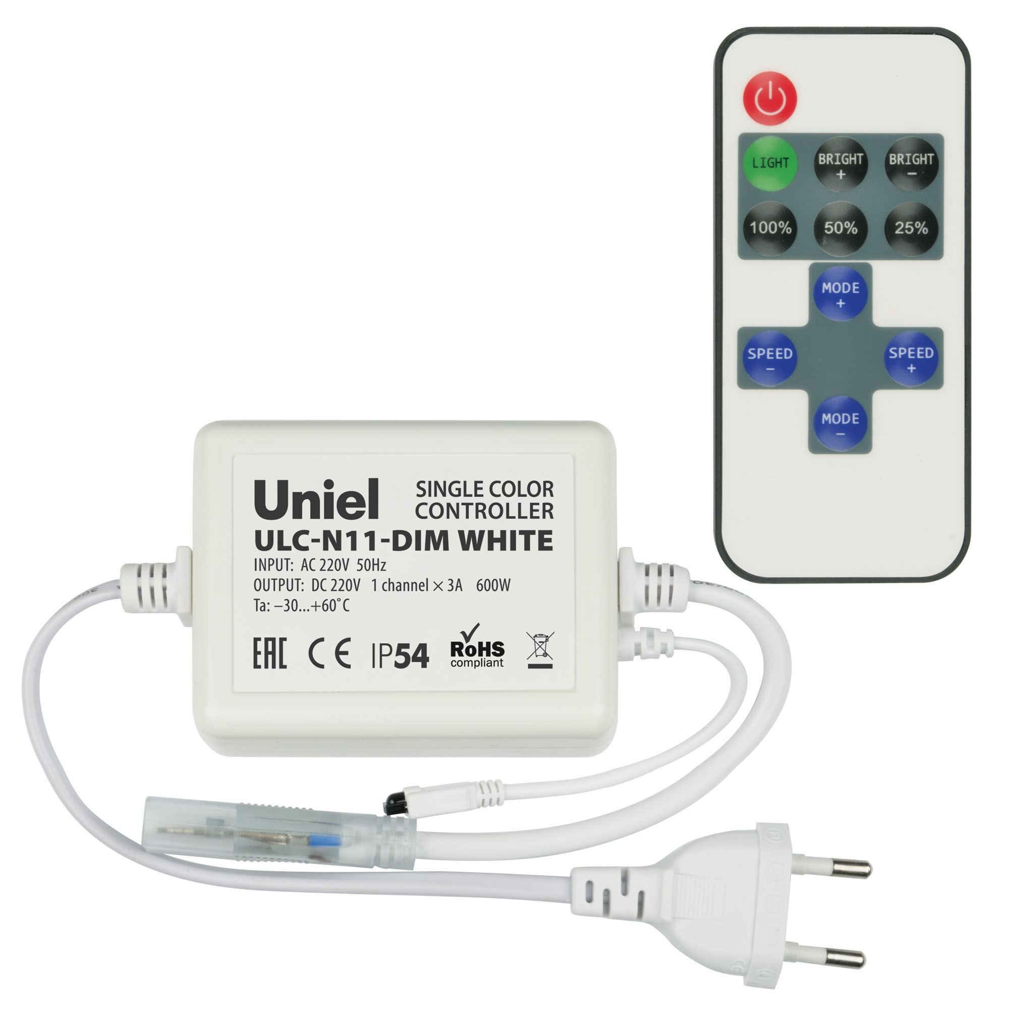 ULC-N11-DIM WHITE Контроллер для управления светодиодными одноцветными ULS-2835 лентами 220В. 1 выход. 600Вт. с пультом ДУ ИК. ТМ Uniel.