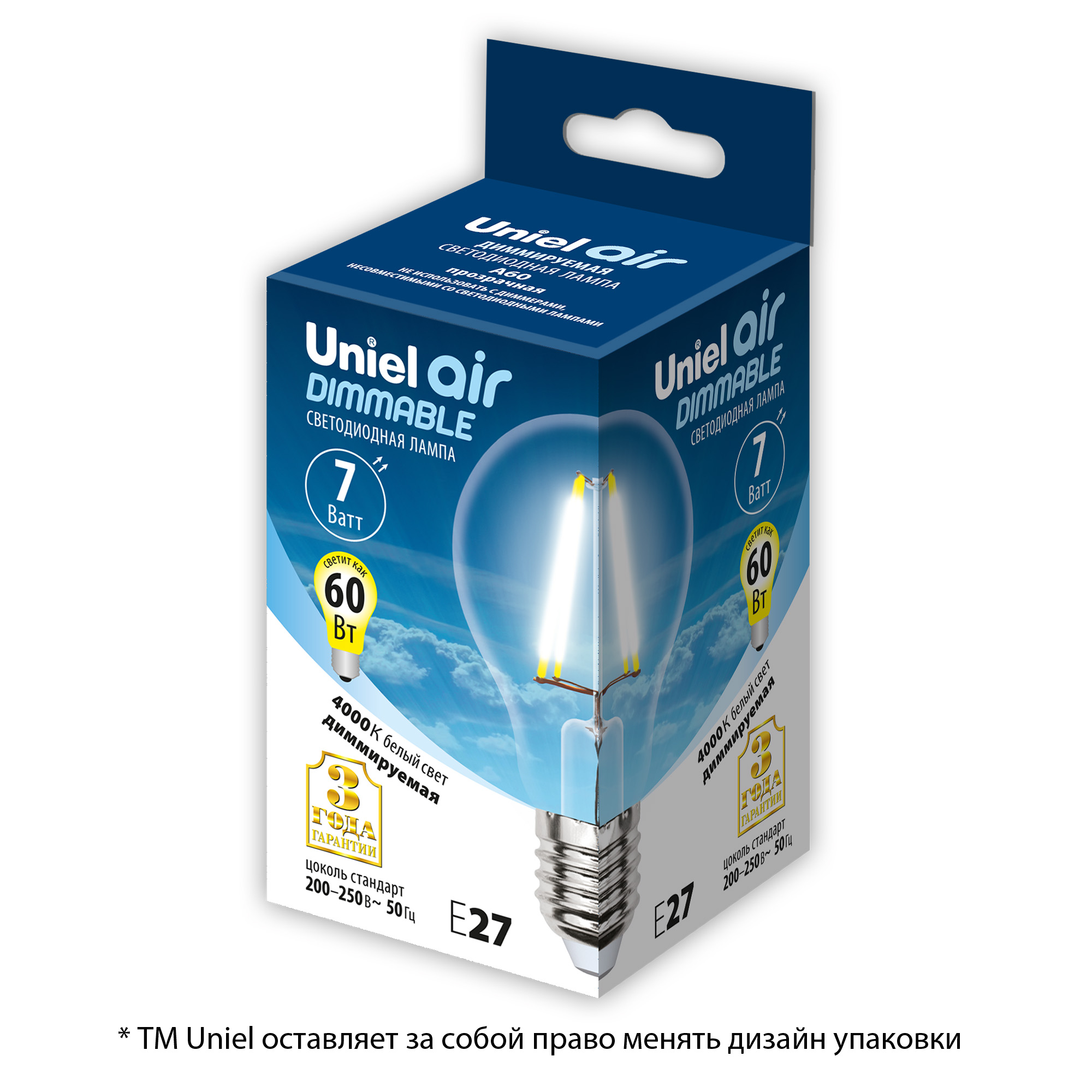 LED-A60-7W-NW-E27-CL-DIM GLA01TR Лампа светодиодная диммируемая. Форма A. прозрачная. Серия Air. Белый свет 4000K. Картон. ТМ Uniel
