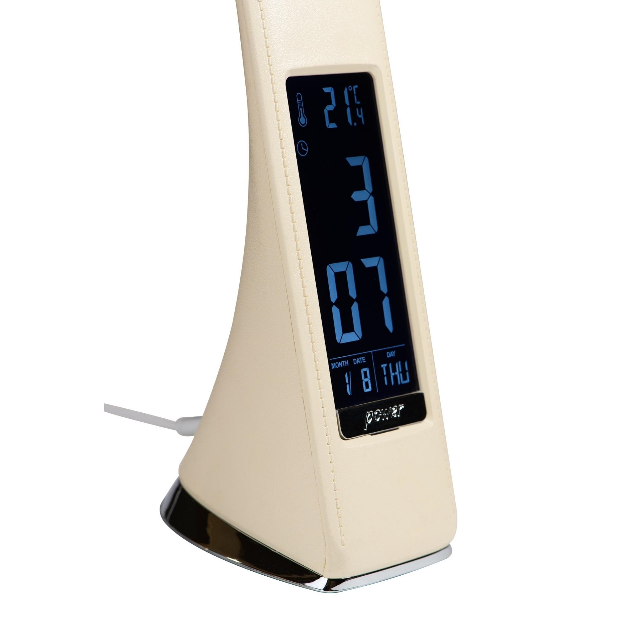 TLD-542 Cream-LED-300Lm-5000K-Dimmer Светильник настольный c часами. календарем. термометром. 5W. Сенсорный выключатель. Кремовый стилизован под кожу. TM Uniel.