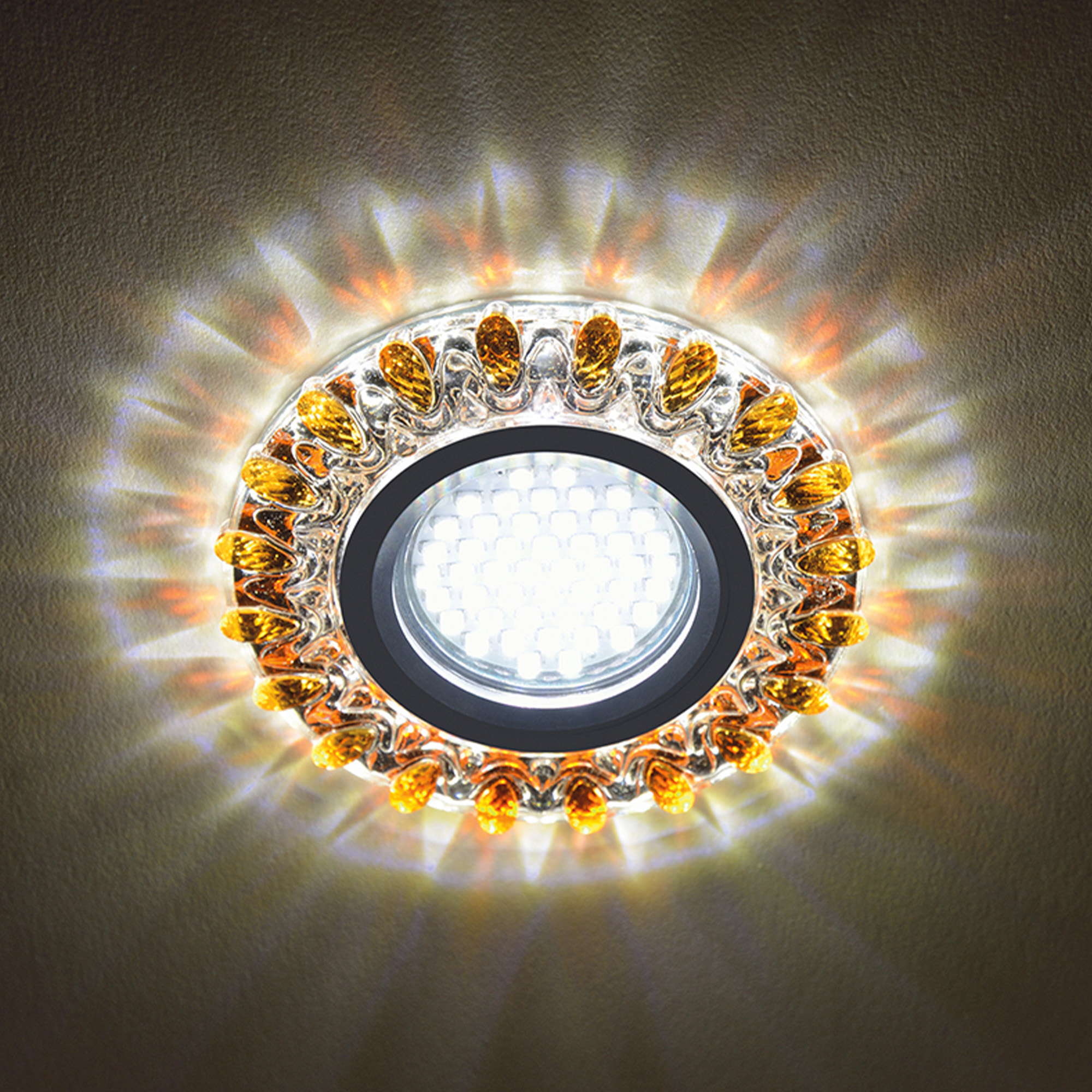 DLS-L148 GU5.3 GLASSY-GOLD Светильник декоративный встраиваемый. серия Luciole. Без лампы. цоколь GU5.3. Доп. светодиодная подсветка 3Вт. Стекло. Зеркальный-прозрачный+светло-желтый. ТМ Fametto