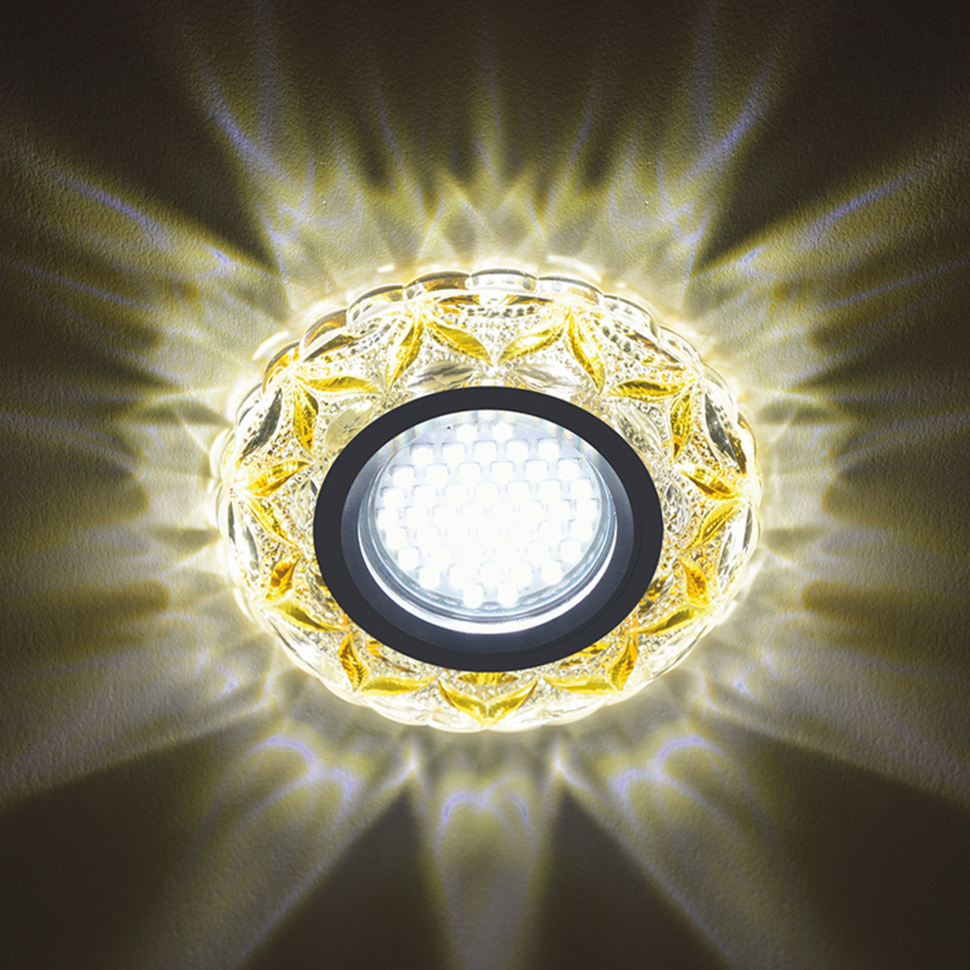DLS-L149 GU5.3 GLASSY-LIGHT GOLD Светильник декоративный встраиваемый. серия Luciole. Без лампы. GU5.3. Доп. светодиодная подсветка 3Вт. Стекло. Зеркальный-прозрачный+светло-желтый. ТМ Fametto