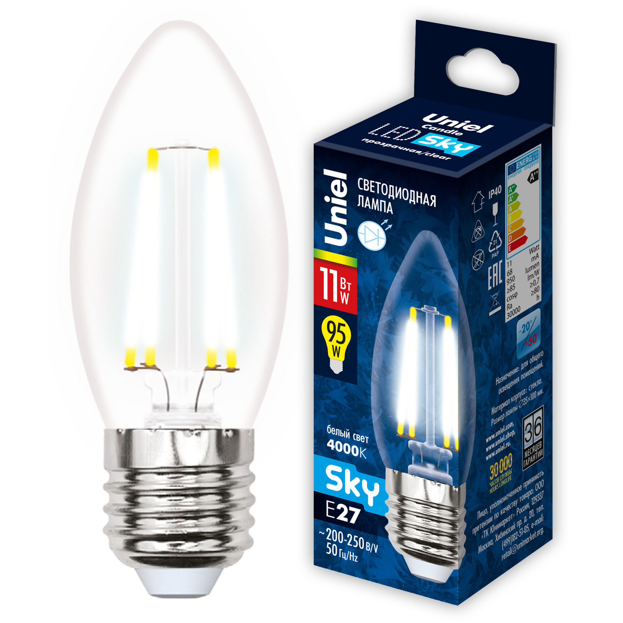 LED-C35-11W-4000K-E27-CL PLS02WH Лампа светодиодная. Форма свеча. прозрачная. Серия Sky. Белый свет 4000К. Картон. ТМ Uniel.