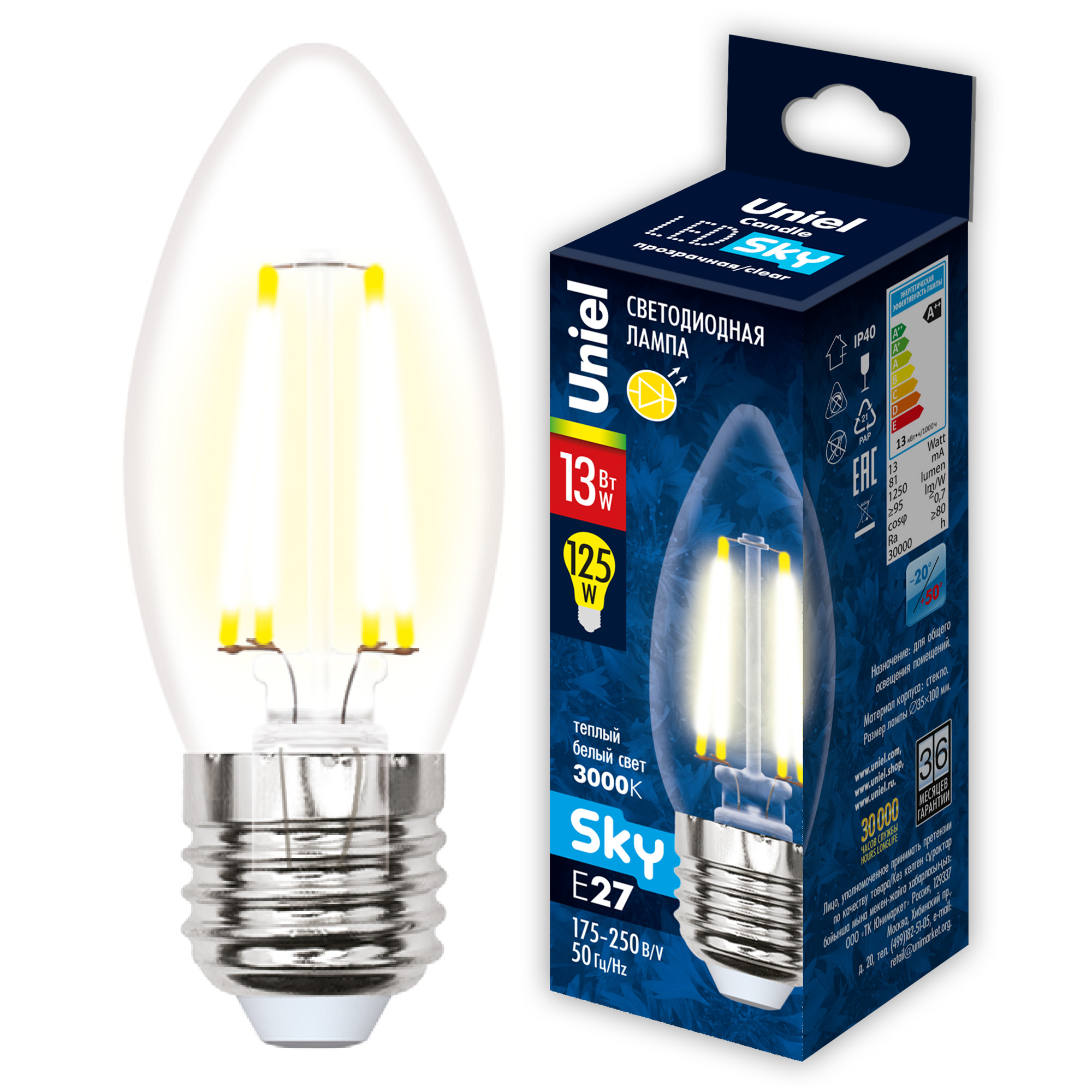 LED-C35-13W-3000K-E27-CL PLS02WH Лампа светодиодная. Форма свеча. прозрачная. Серия Sky. Теплый белый свет 3000К. Картон. ТМ Uniel.