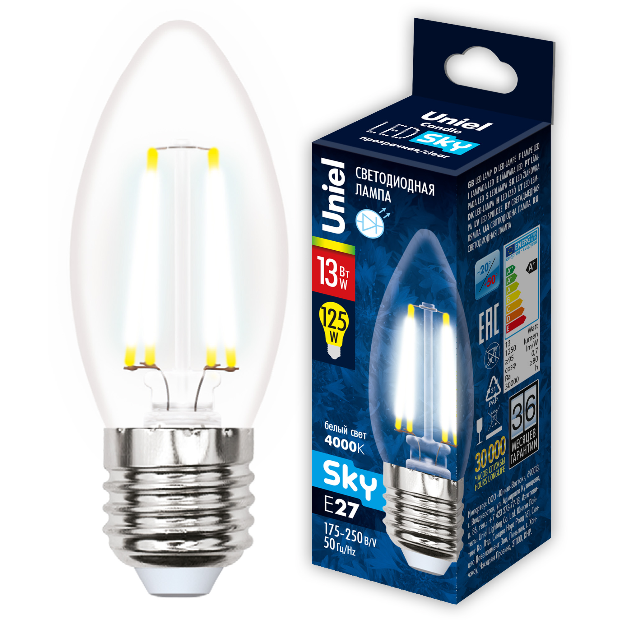 LED-C35-13W-4000K-E27-CL PLS02WH Лампа светодиодная. Форма свеча. прозрачная. Серия Sky. Белый свет 4000К. Картон. ТМ Uniel.