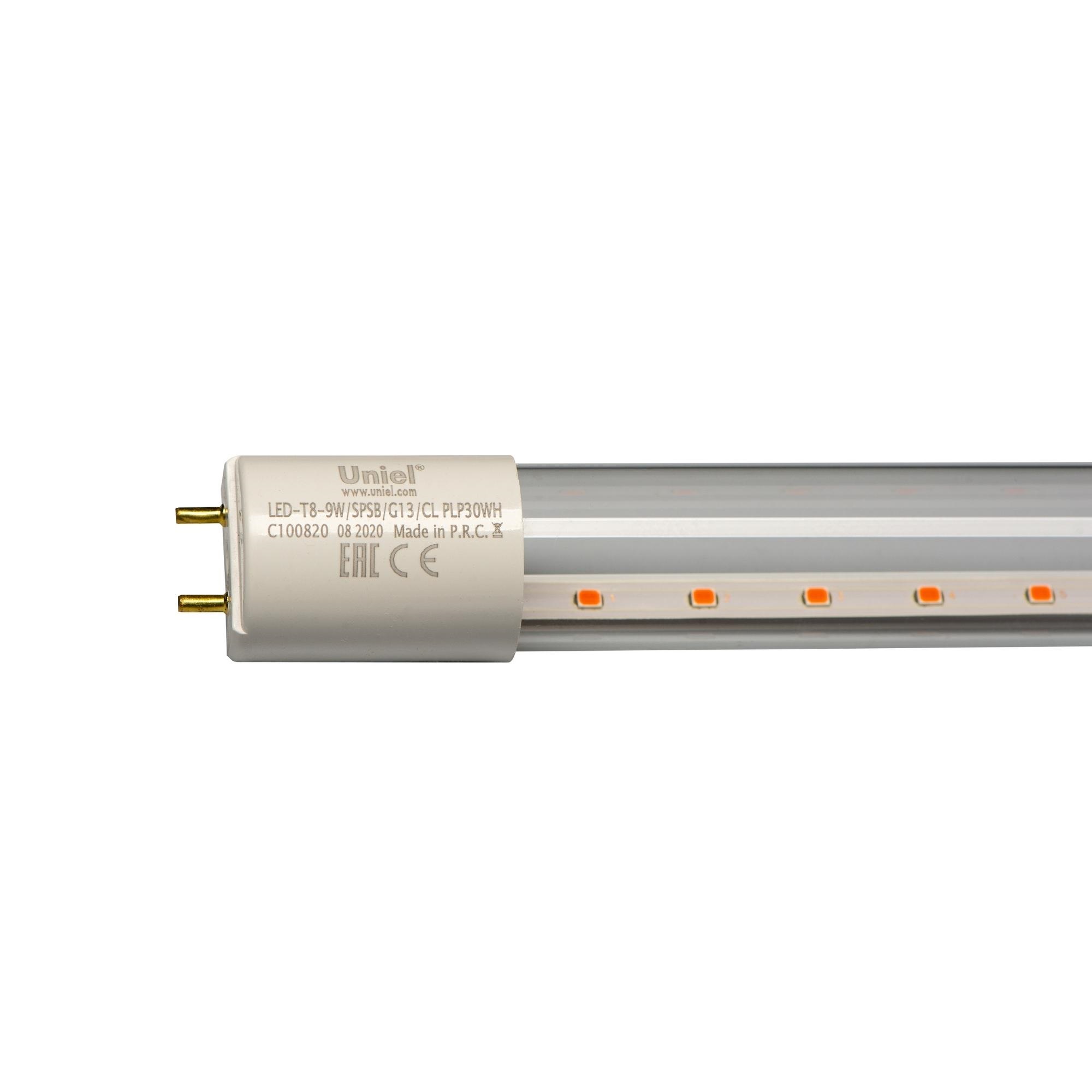 LED-T8-9W-SPSB-G13-CL PLP30WH Лампа светодиодная для растений. Форма T8. прозрачная. Спектр для рассады и цветения. ТМ Uniel.