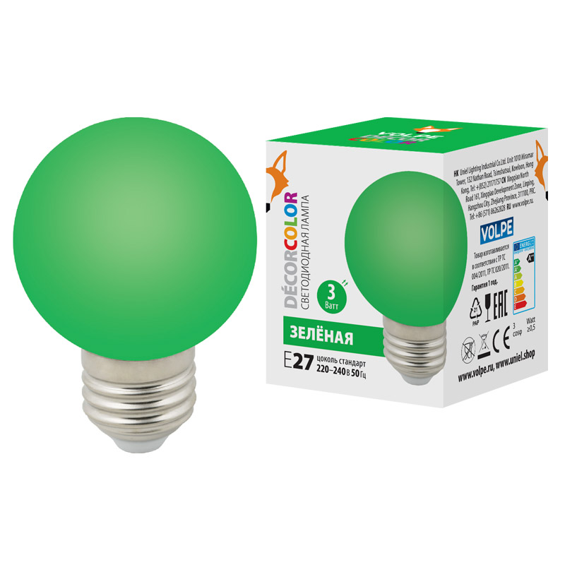 Volpe LED-G60-3W/GREEN/E27/FR/С