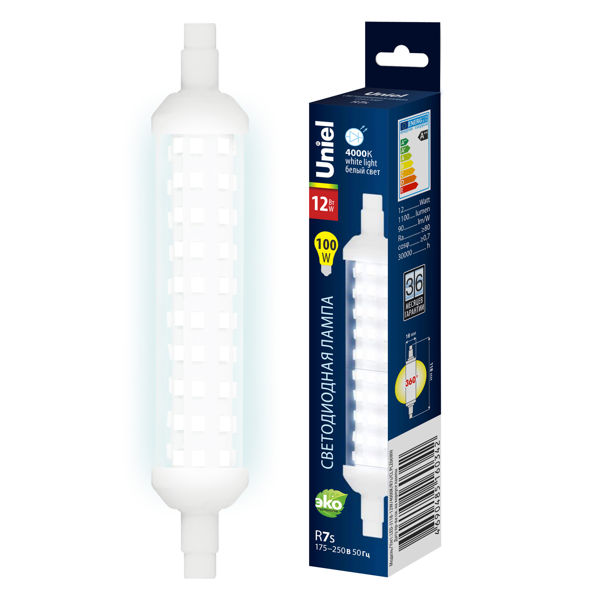 LED-J118-12W-4000K-R7s-CL PLZ06WH Лампа светодиодная. прозрачная. Белый свет 4000К. Картон. ТМ Uniel.