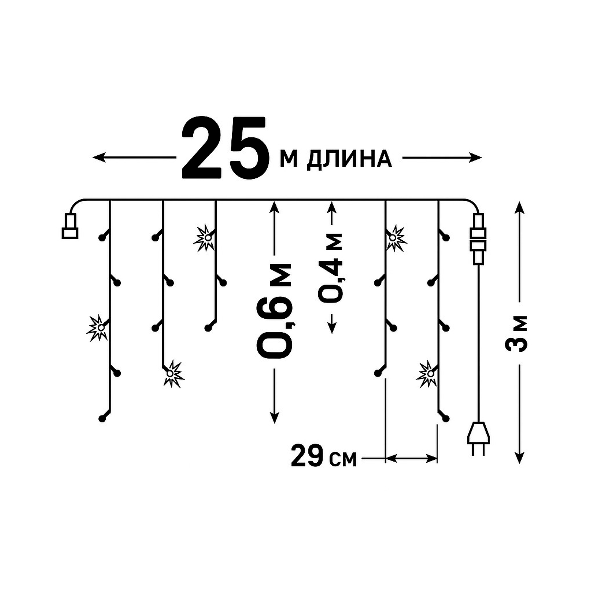 ULD-B25006-440-TTK WW-WH IP44 Бахрома светодиодная с эффектом мерцания. 25м. Соединяемая. 440 светодиодов. Теплый белый и белый свет. Провод прозрачный. ТМ Uniel