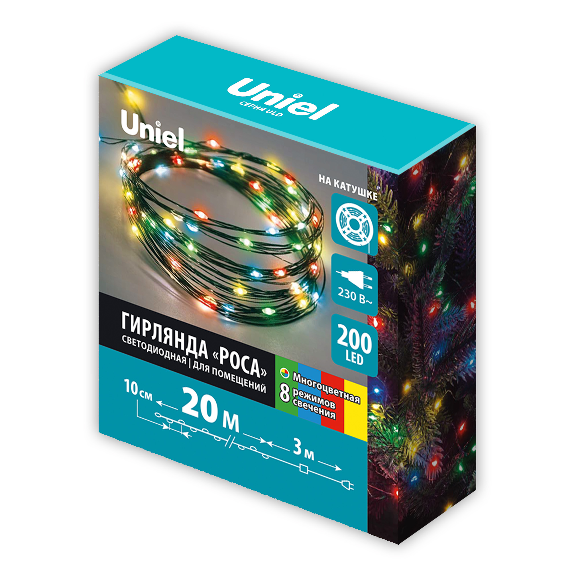 ULD-S2000-200-DGA MT IP20 DEW Гирлянда светодиодная Роса. 20м. 200 светодиодов. Красный. желтый. синий. зеленый свет. Провод зеленый. ТМ Uniel