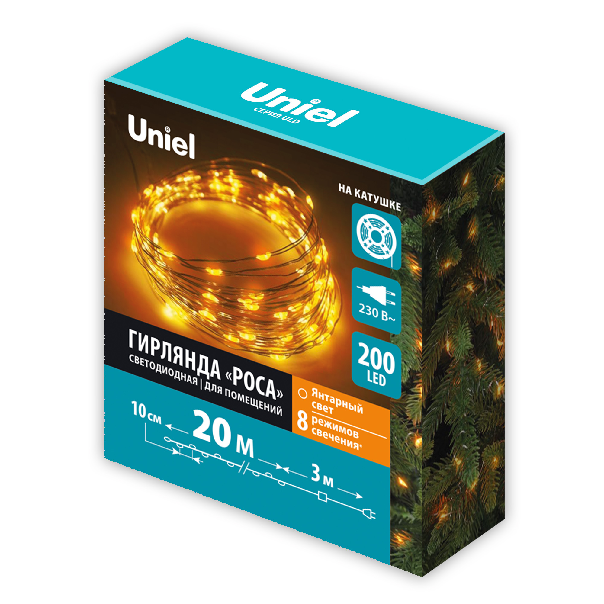 ULD-S2000-200-DCA AM IP20 DEW Гирлянда светодиодная Роса. 20м. 200 светодиодов. Янтарный свет. Провод медный. ТМ Uniel
