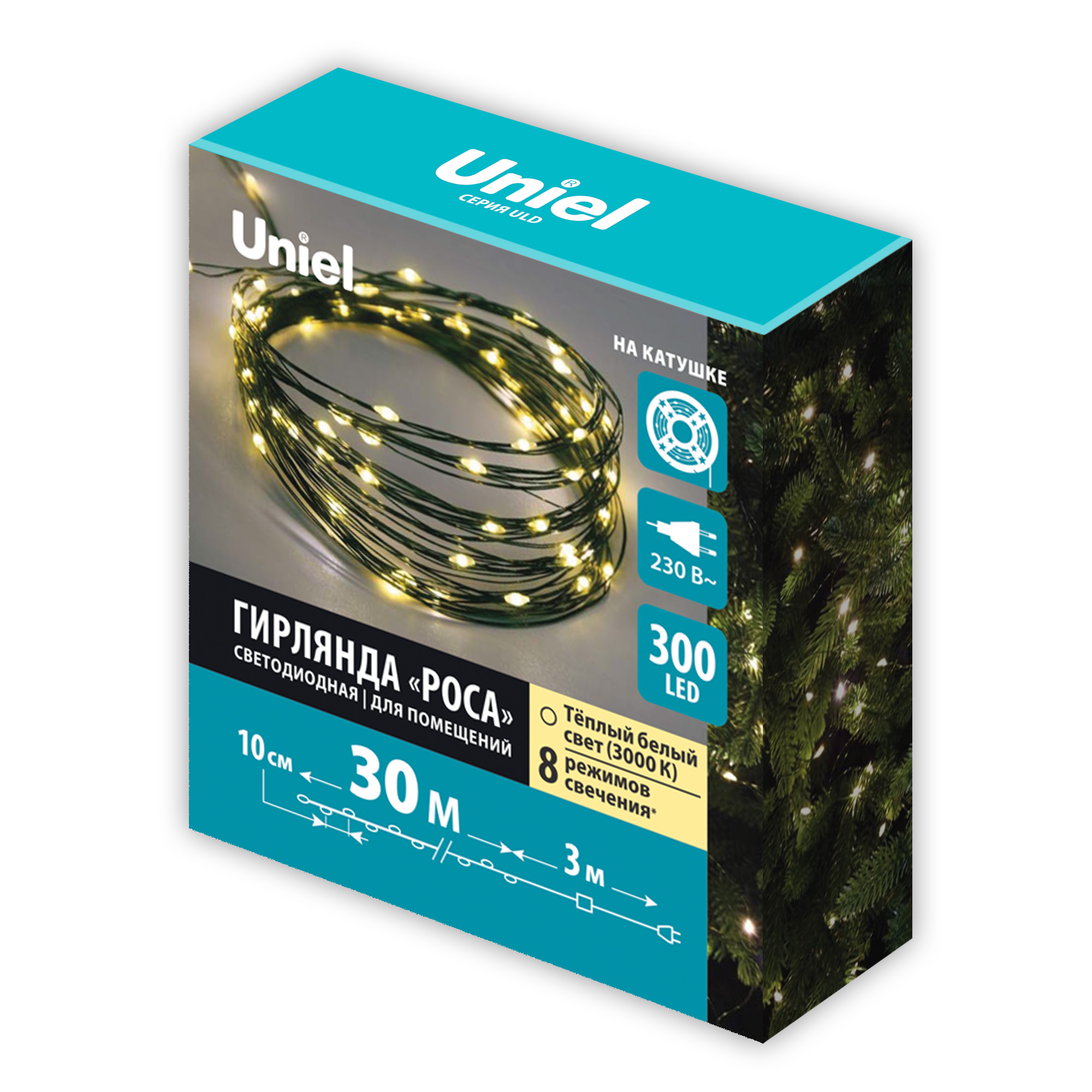 ULD-S3000-300-DGA WW IP20 DEW Гирлянда светодиодная Роса. 30м. 300 светодиодов. Теплый белый свет. Провод зеленый. ТМ Uniel