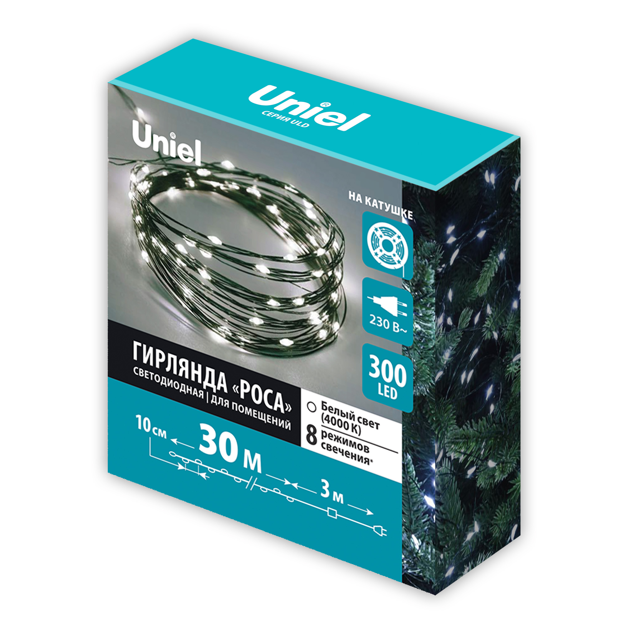 ULD-S3000-300-DGA WH IP20 DEW Гирлянда светодиодная Роса. 30м. 300 светодиодов. Белый свет. Провод зеленый. ТМ Uniel