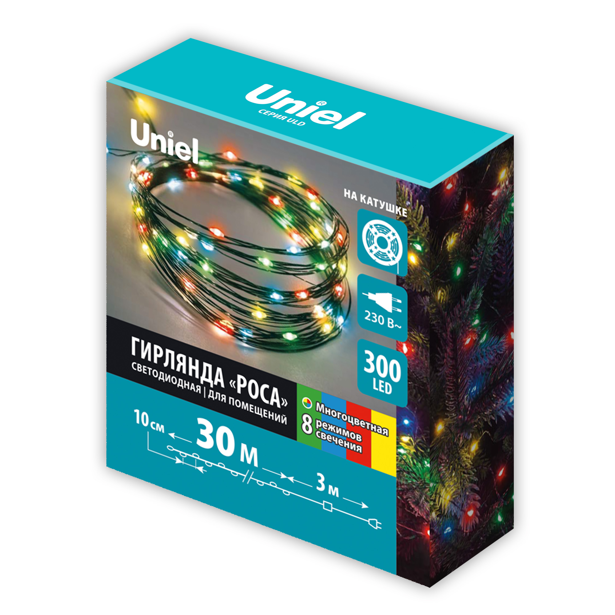 ULD-S3000-300-DGA MT IP20 DEW Гирлянда светодиодная Роса. 30м. 300 светодиодов. Красный. желтый. синий. зеленый свет. Провод зеленый. ТМ Uniel