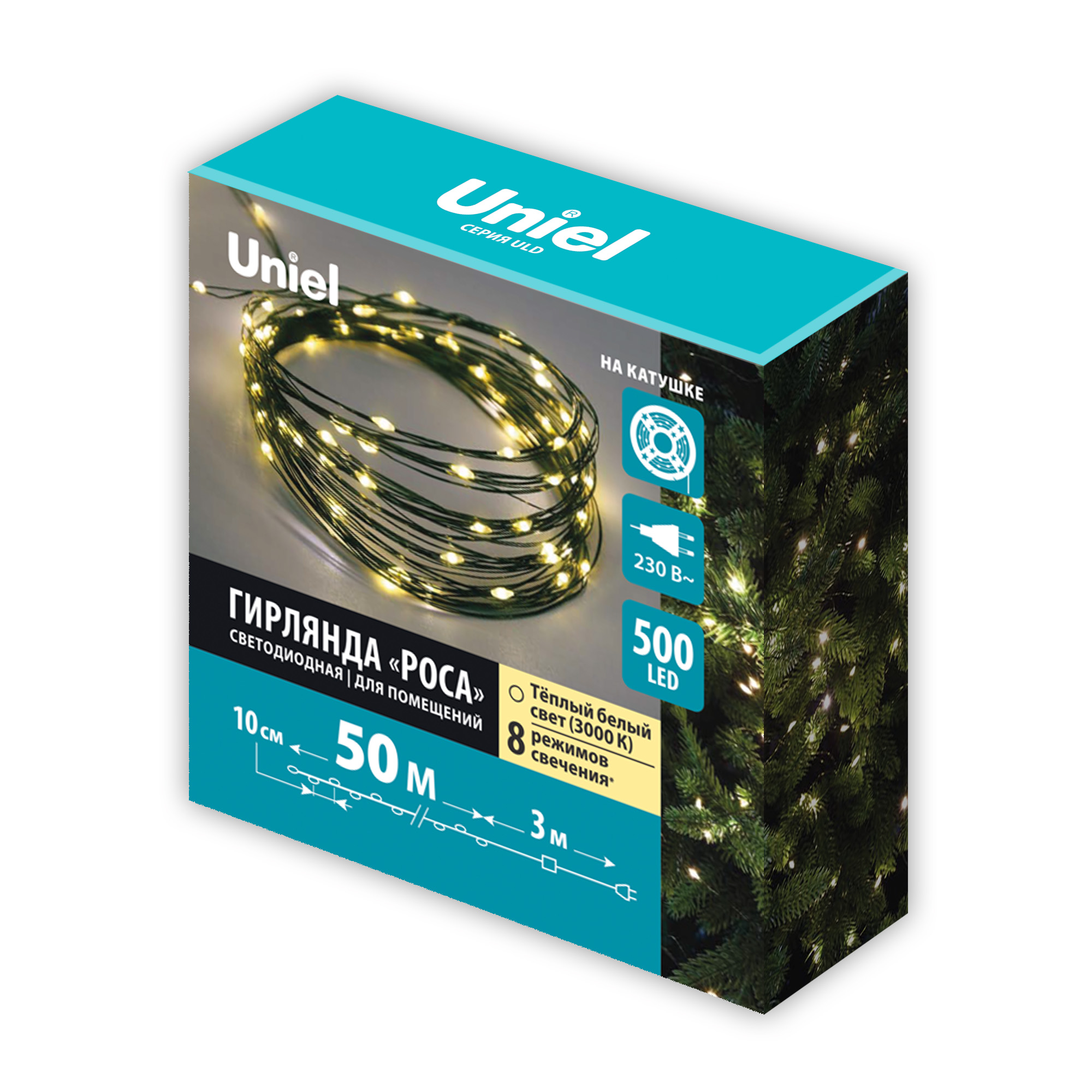 ULD-S5000-500-DGA WW IP20 DEW Гирлянда светодиодная Роса. 50м. 500 светодиодов. Теплый белый свет. Провод зеленый. ТМ Uniel