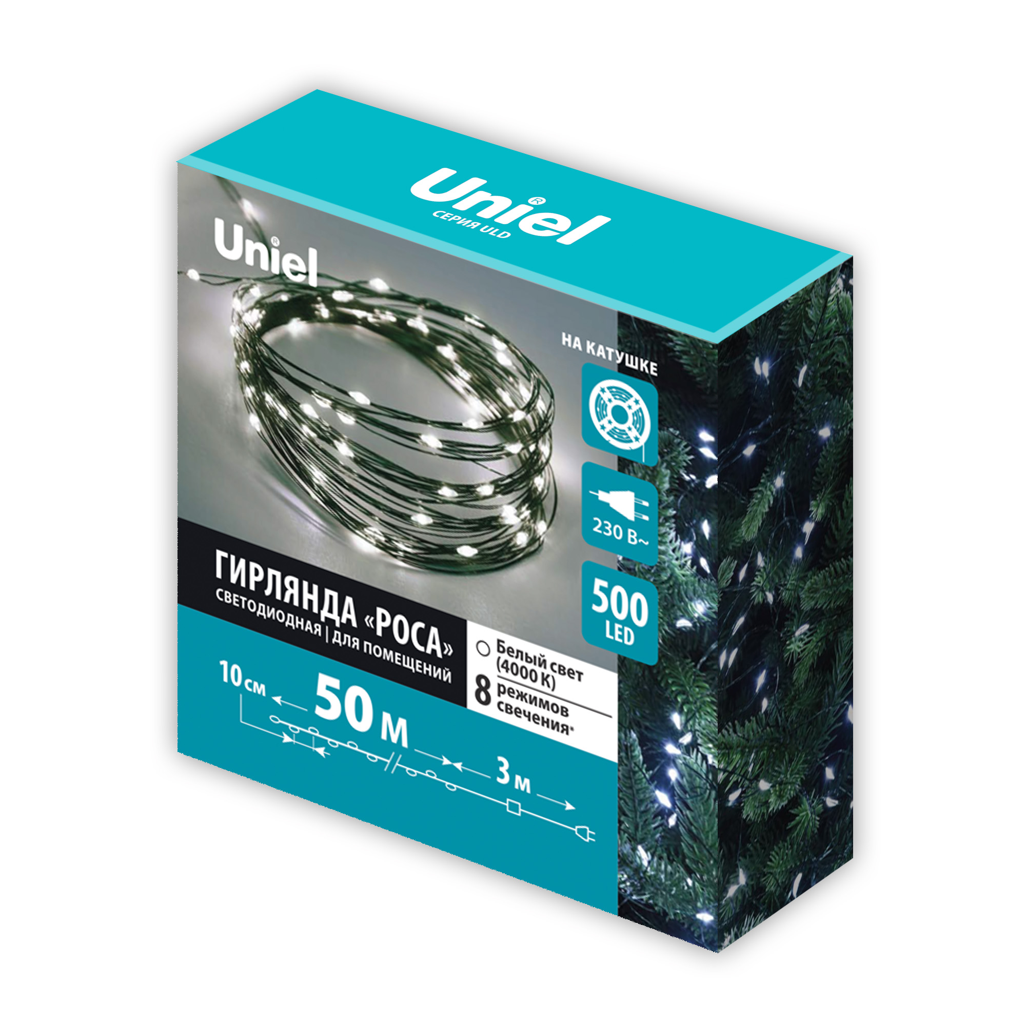 ULD-S5000-500-DGA WH IP20 DEW Гирлянда светодиодная Роса. 50м. 500 светодиодов. Белый свет. Провод зеленый. ТМ Uniel