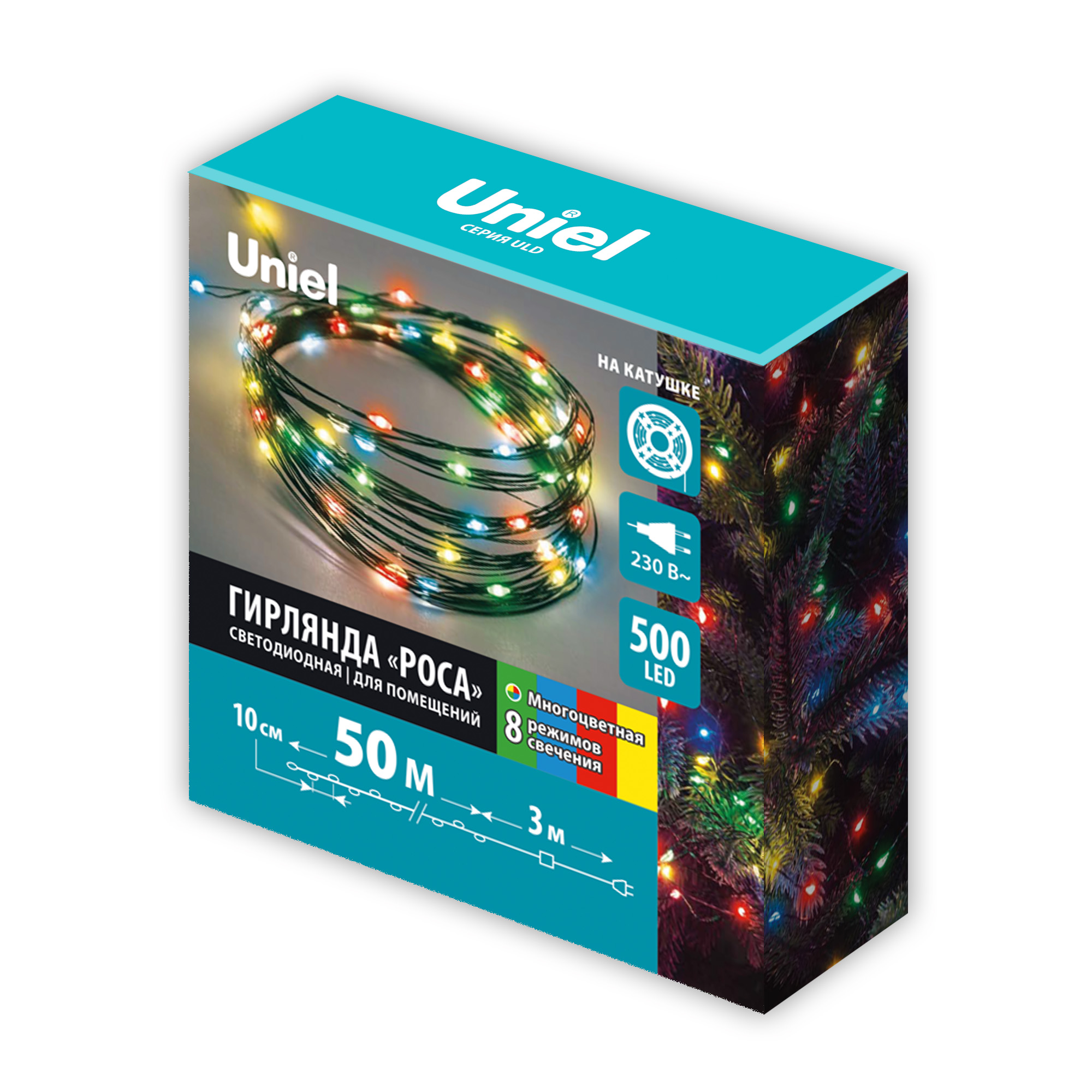 ULD-S5000-500-DGA MT IP20 DEW Гирлянда светодиодная Роса. 50м. 500 светодиодов. Красный. желтый. синий. зеленый свет. Провод зеленый. ТМ Uniel