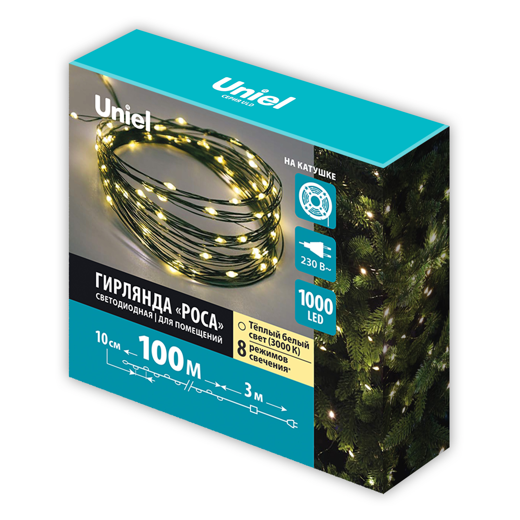 ULD-S10000-1000-DGA WW IP20 DEW Гирлянда светодиодная Роса. 100м. 1000 светодиодов. Теплый белый свет. Провод зеленый. ТМ Uniel