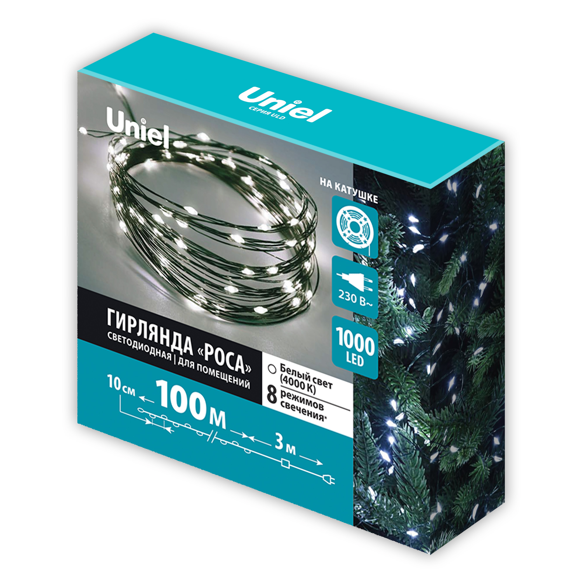 ULD-S10000-1000-DGA WH IP20 DEW Гирлянда светодиодная Роса. 100м. 1000 светодиодов. Белый свет. Провод зеленый. ТМ Uniel
