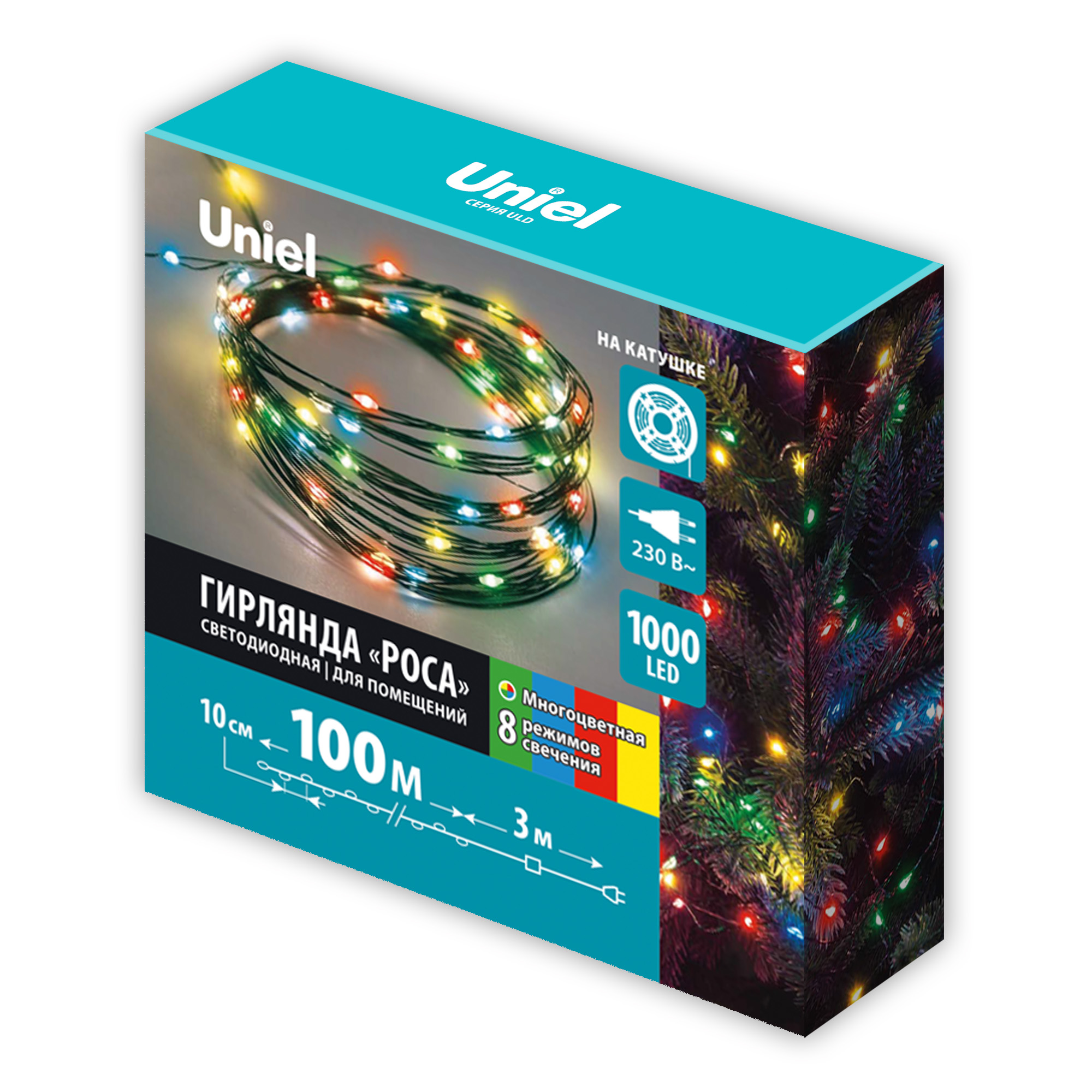 ULD-S10000-1000-DGA MT IP20 DEW Гирлянда светодиодная Роса. 100м. 1000 светодиодов. Красный. желтый. синий. зеленый свет. Провод зеленый. ТМ Uniel