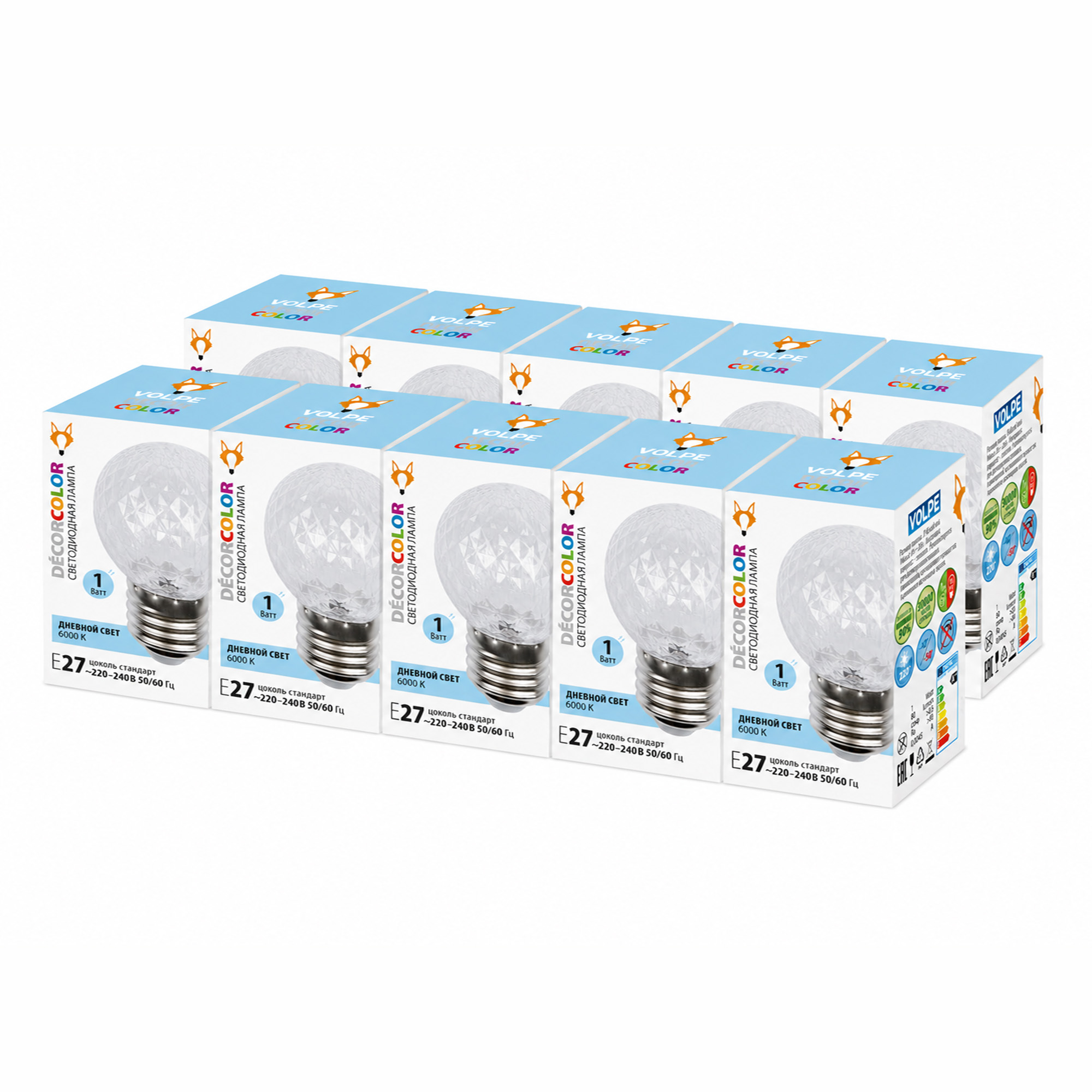 LED-D45-1W-6000K-E27-CL-C PINEAPPLE SET10 Лампа декоративная светодиодная. Форма Ананас. прозрачная. Серия Décor color. Дневной свет 6000K. Упаковка 10 штук. ТМ Volpe