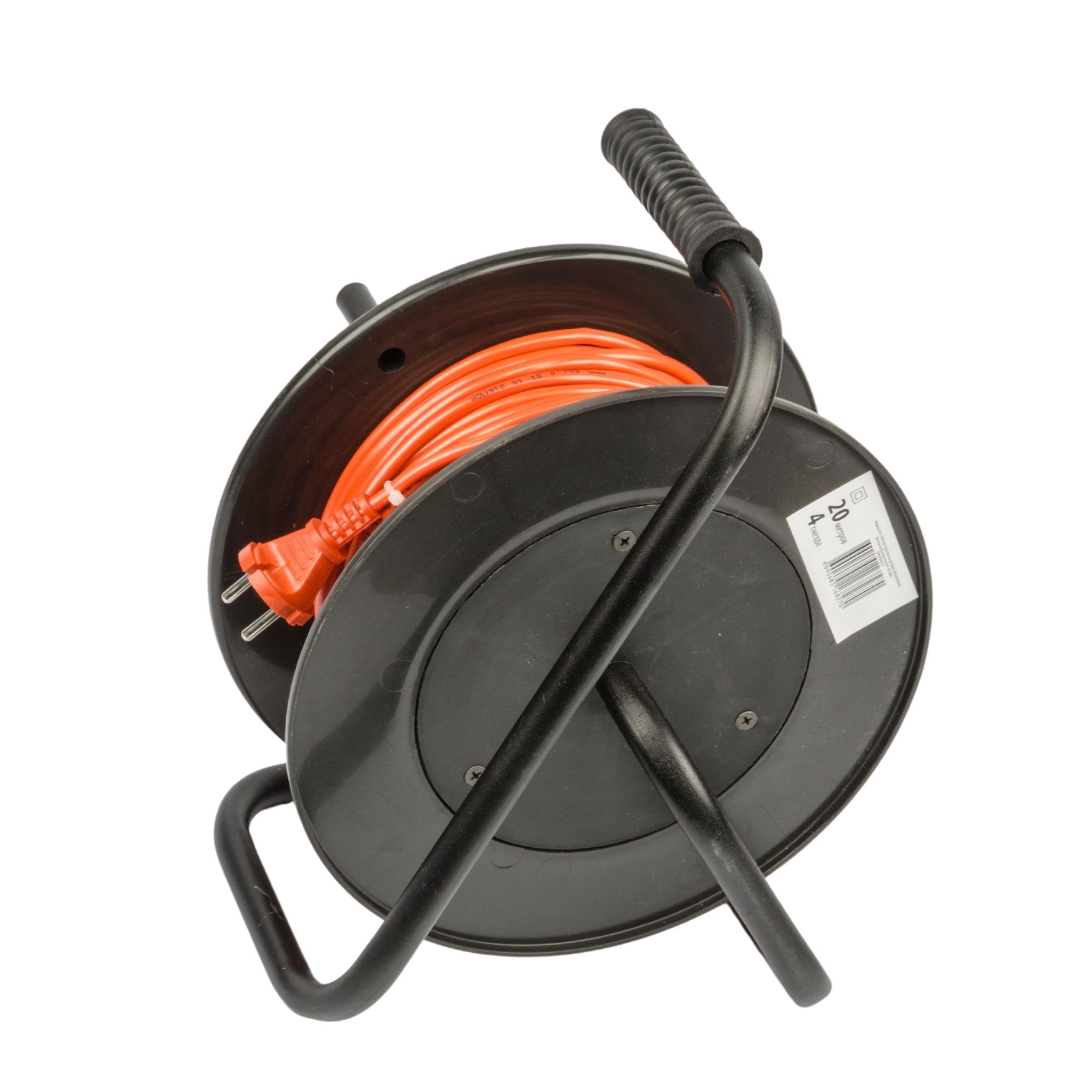 УС-4-20 -UCK-4N-2x1.00-20M-S ORANGE-BLACK Удлинитель силовой на пластиковой катушке. б-з. 4 гнезда. 20м ПВС 2х1. 10A. Оранжевый-черный. TМ Uniel